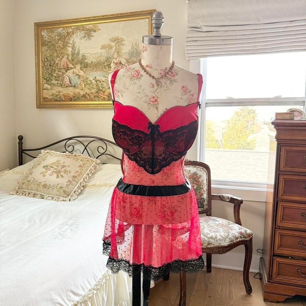 red black lace babydoll lingerie  y2k red black lace babydoll dress‎